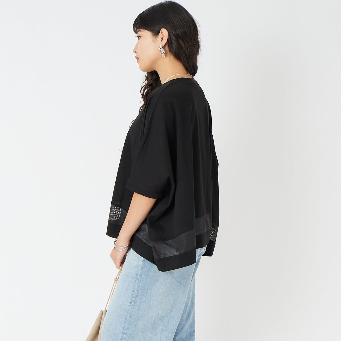 Jf Ready Made [ジェイエフレディメイド] シルケット天竺メッシュTシャツ [3212102] 801 ﾌﾞﾗｯｸ &&モデル身長：162cm 着用サイズ：F&&