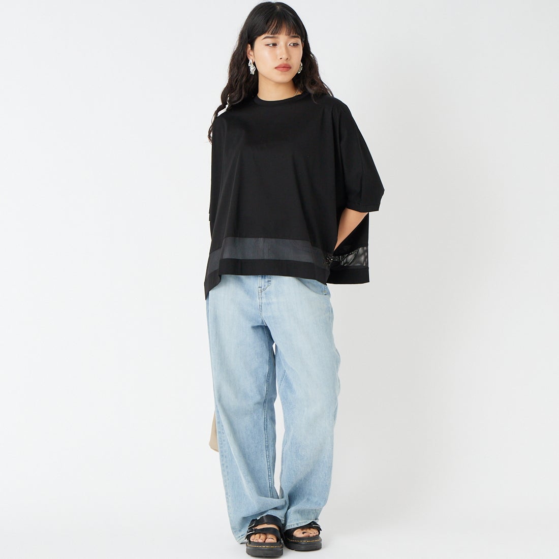 Jf Ready Made [ジェイエフレディメイド] シルケット天竺メッシュTシャツ [3212102] 801 ﾌﾞﾗｯｸ &&モデル身長：162cm 着用サイズ：F&&