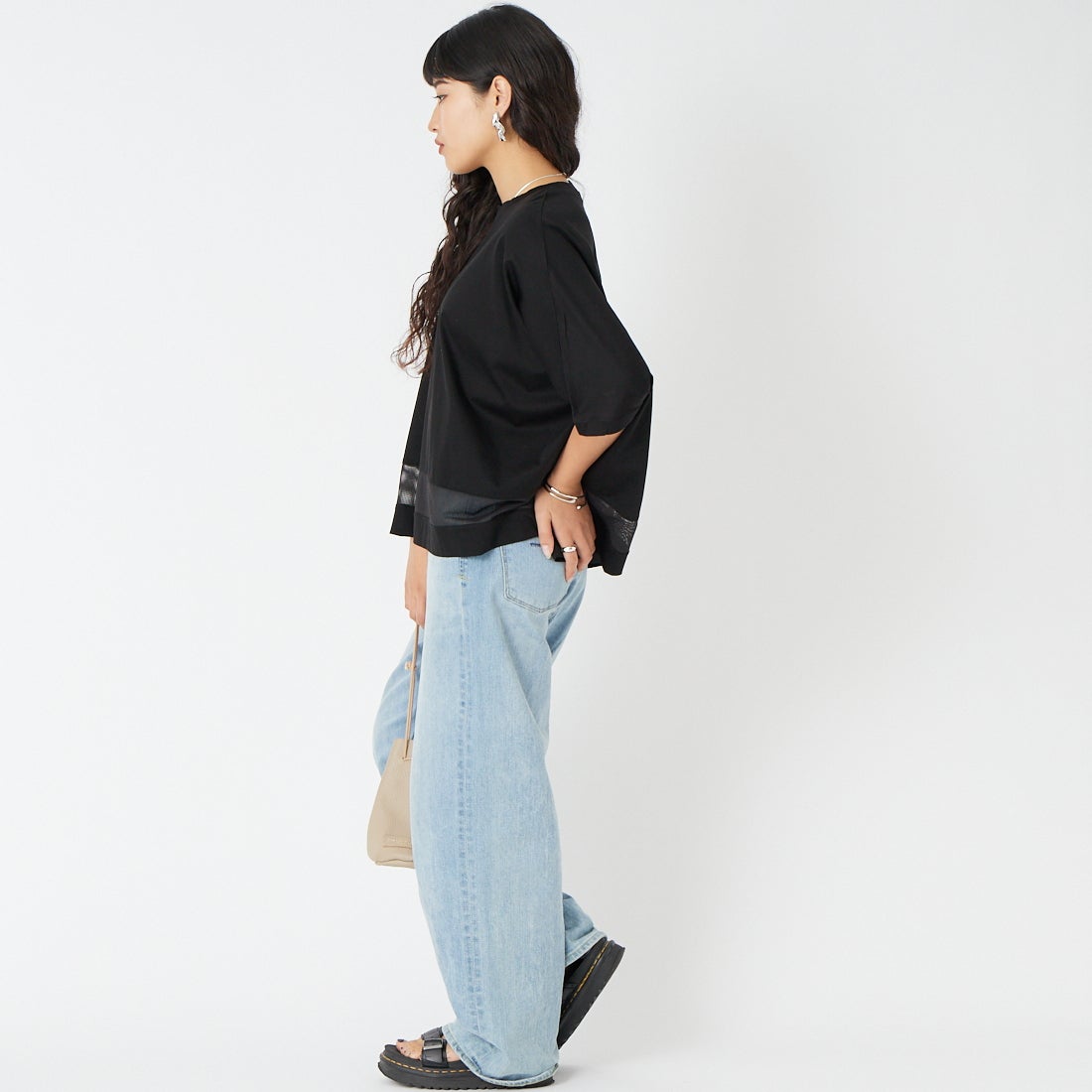 Jf Ready Made [ジェイエフレディメイド] シルケット天竺メッシュTシャツ [3212102] 801 ﾌﾞﾗｯｸ &&モデル身長：162cm 着用サイズ：F&&