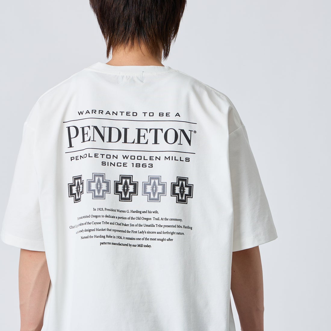 PENDLETON [ペンドルトン] 別注 ドローコード付き ヒストリーロゴ バックプリントTシャツ [6275-4208-JF] WHITE &&モデル身長：177cm 着用サイズ：XL&&