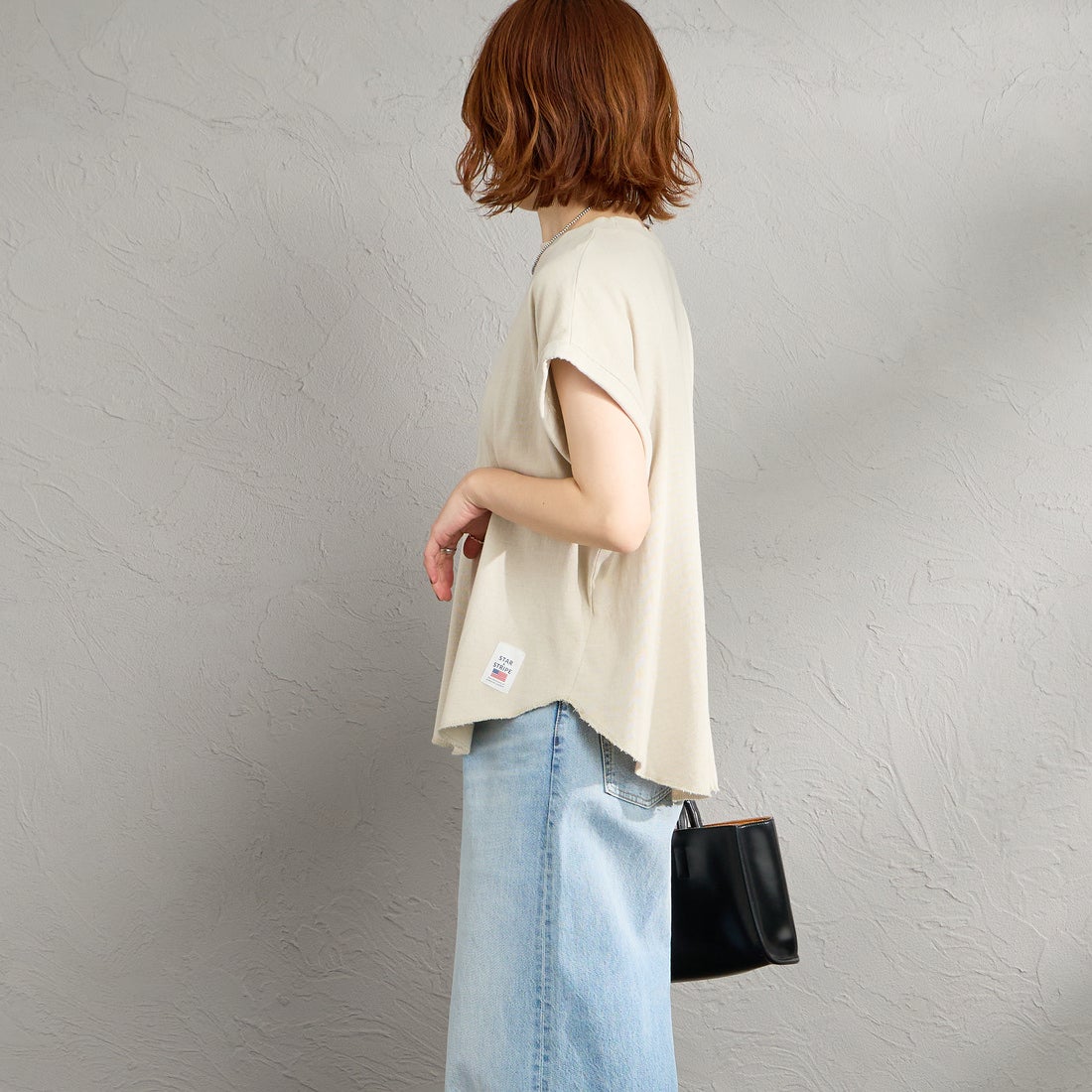 STAR&STRIPE [スターアンドストライプ] 別注 カットオフ ラウンドヘム ロールアップTシャツ [SSMD-213-JF] HARBOR MIS &&モデル身長：158cm 着用サイズ：F&&