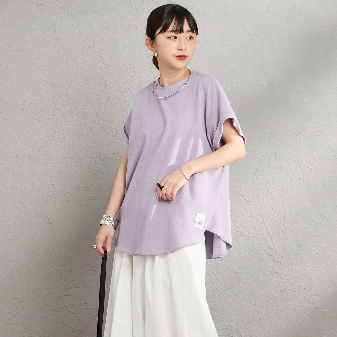 STAR&STRIPE [スターアンドストライプ] 別注 カットオフ ラウンドヘム ロールアップTシャツ [SSMD-213-JF] LAVENDER &&モデル身長：150cm 着用サイズ：F&&