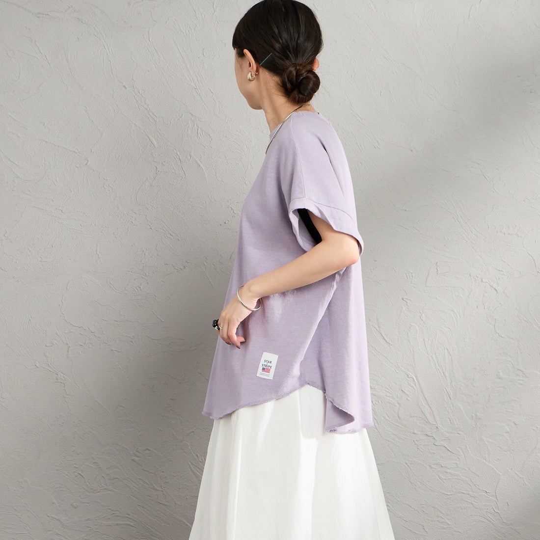 STAR&STRIPE [スターアンドストライプ] 別注 カットオフ ラウンドヘム ロールアップTシャツ [SSMD-213-JF] LAVENDER &&モデル身長：150cm 着用サイズ：F&&