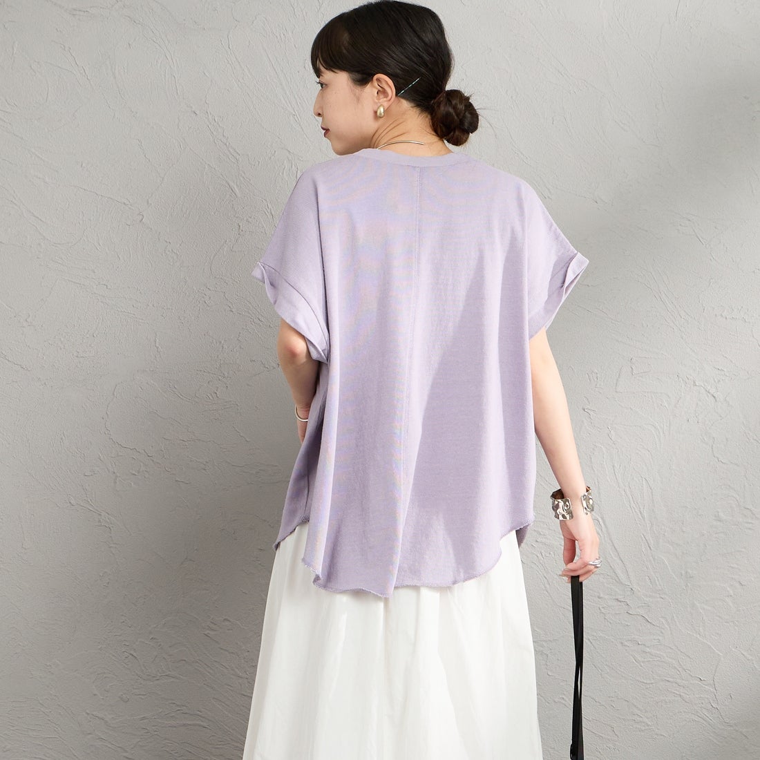 STAR&STRIPE [スターアンドストライプ] 別注 カットオフ ラウンドヘム ロールアップTシャツ [SSMD-213-JF] LAVENDER &&モデル身長：150cm 着用サイズ：F&&
