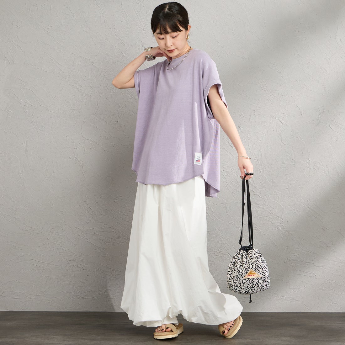 STAR&STRIPE [スターアンドストライプ] 別注 カットオフ ラウンドヘム ロールアップTシャツ [SSMD-213-JF] LAVENDER &&モデル身長：150cm 着用サイズ：F&&