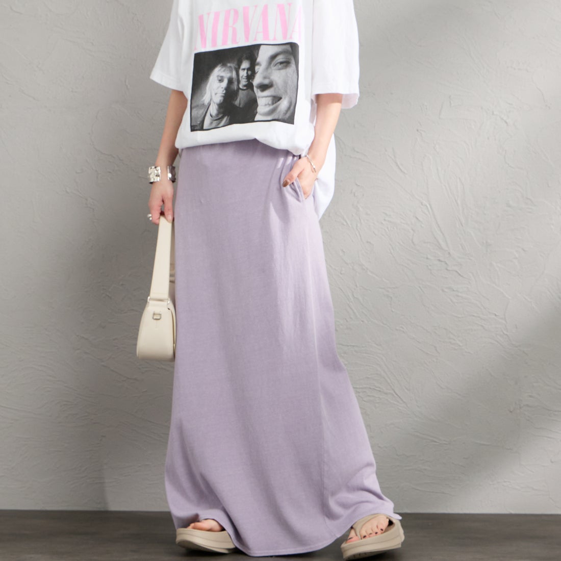 STAR&STRIPE [スターアンドストライプ] 別注 カットオフ マキシ丈フレアスカート [SSMD-197-JF] LAVENDER &&モデル身長：150cm 着用サイズ：F&&