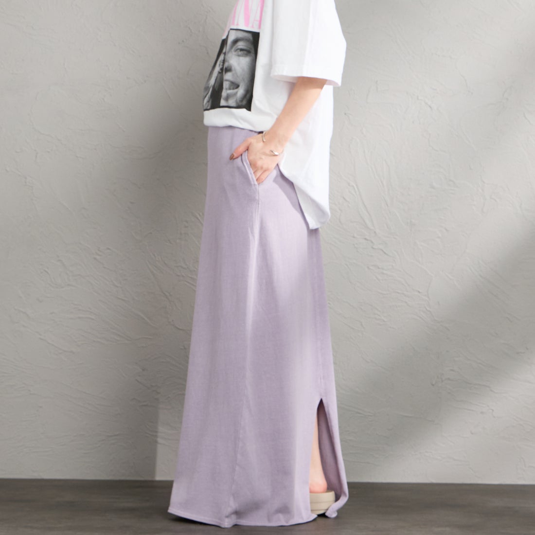 STAR&STRIPE [スターアンドストライプ] 別注 カットオフ マキシ丈フレアスカート [SSMD-197-JF] LAVENDER &&モデル身長：150cm 着用サイズ：F&&