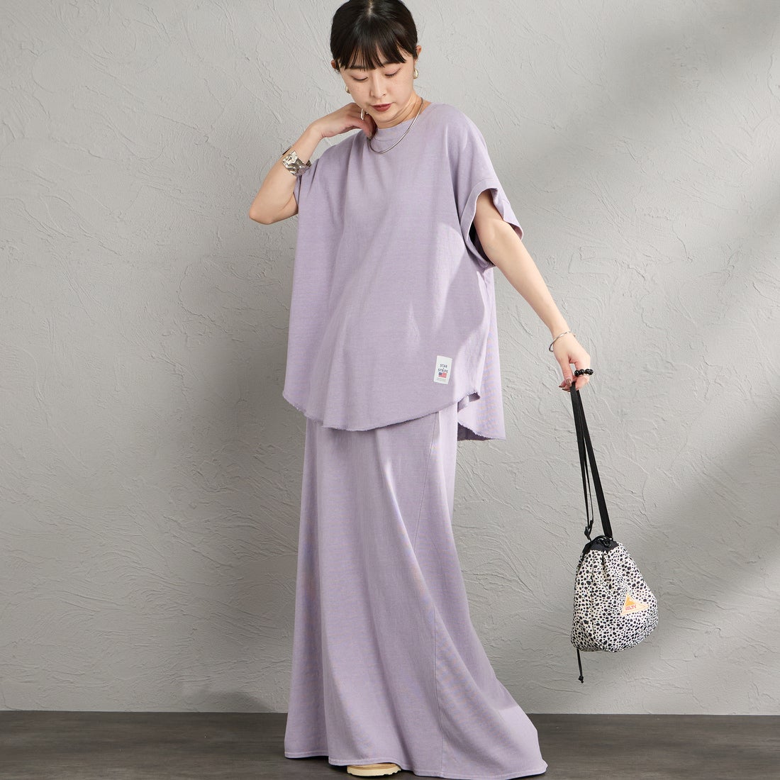 STAR&STRIPE [スターアンドストライプ] 別注 カットオフ マキシ丈フレアスカート [SSMD-197-JF] LAVENDER &&モデル身長：150cm 着用サイズ：F&&