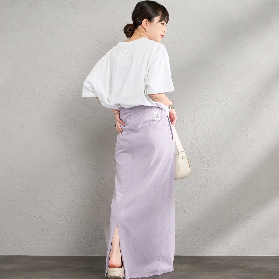 STAR&STRIPE [スターアンドストライプ] 別注 カットオフ マキシ丈フレアスカート [SSMD-197-JF] LAVENDER &&モデル身長：150cm 着用サイズ：F&&