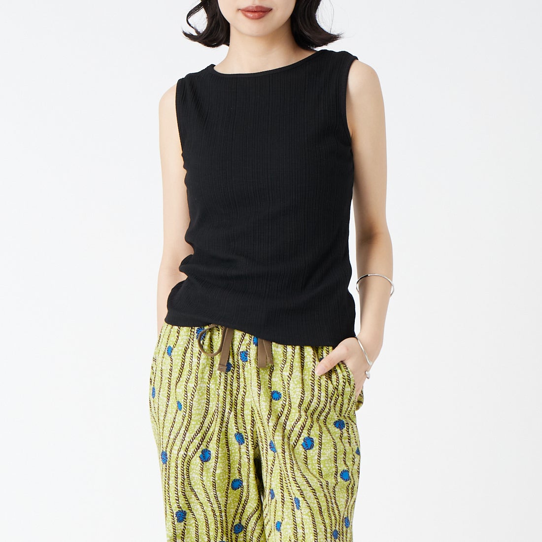 Jeans Factory Clothes [ジーンズファクトリークローズ] ボートネックノースリーブリブTシャツ [JFS-C092] BLACK &&モデル身長：162cm 着用サイズ：36&&