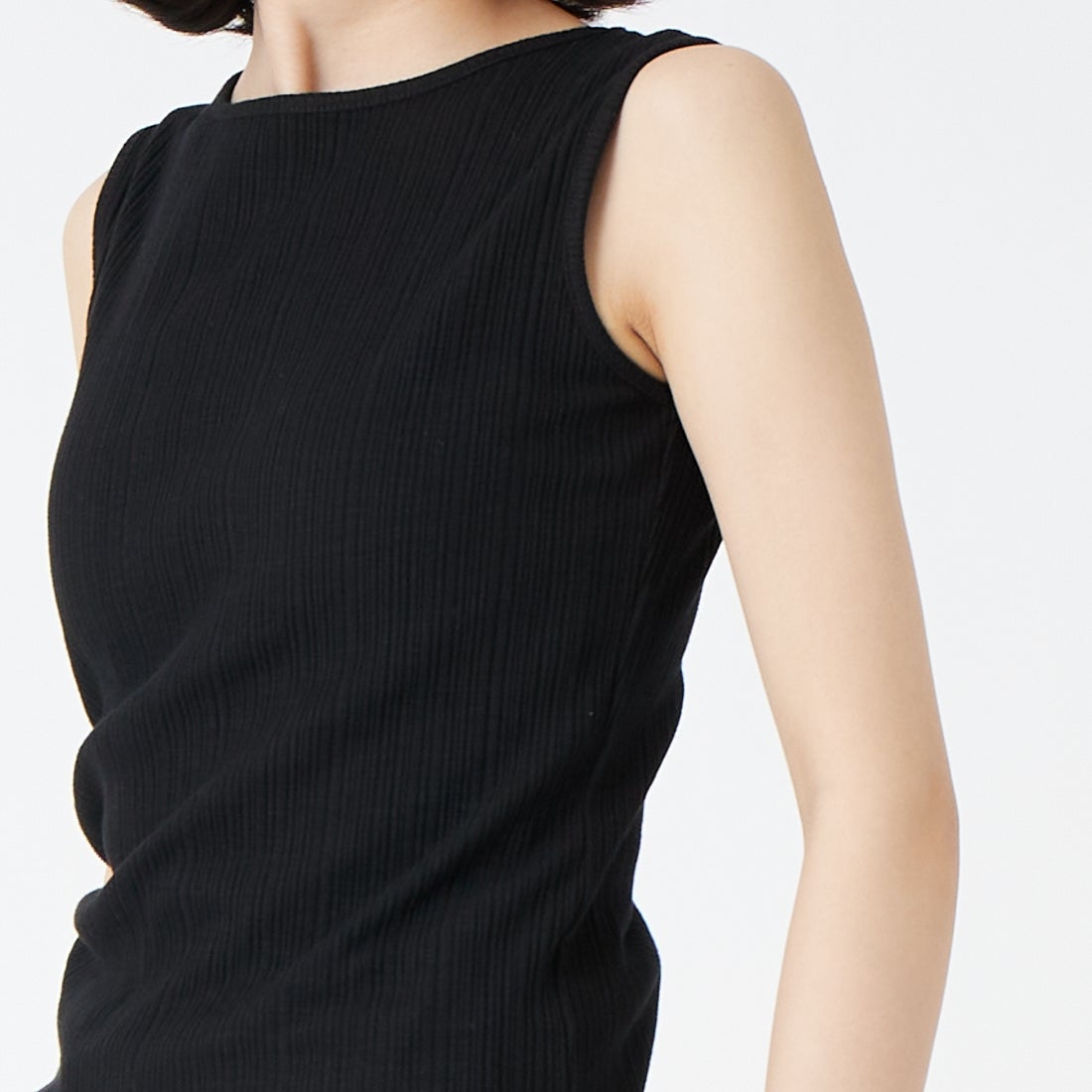 Jeans Factory Clothes [ジーンズファクトリークローズ] ボートネックノースリーブリブTシャツ [JFS-C092] BLACK &&モデル身長：162cm 着用サイズ：36&&