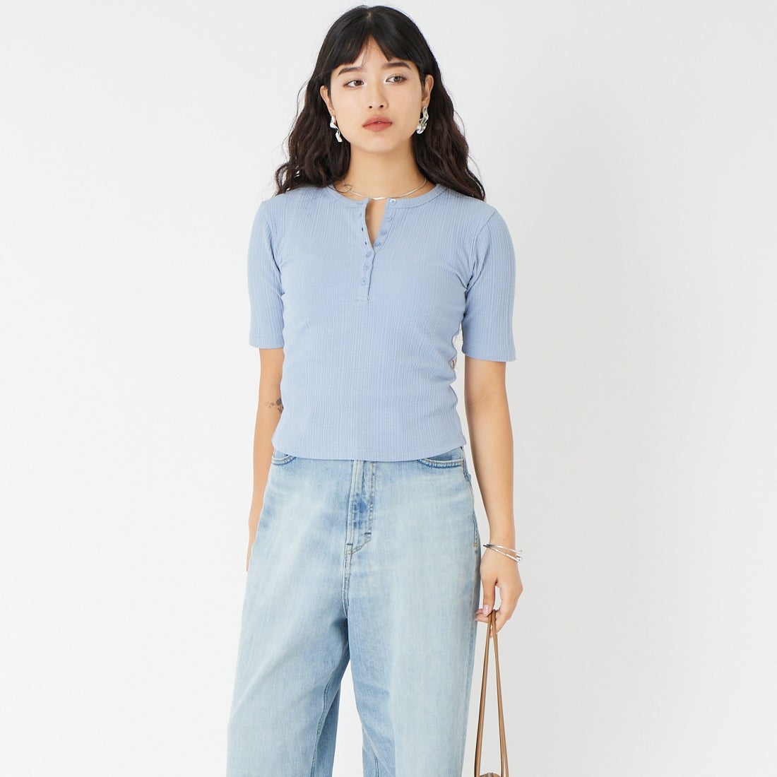 Jeans Factory Clothes [ジーンズファクトリークローズ] ヘンリーネックリブTシャツ [JFS-C091] SAX &&モデル身長：162cm 着用サイズ：36&&