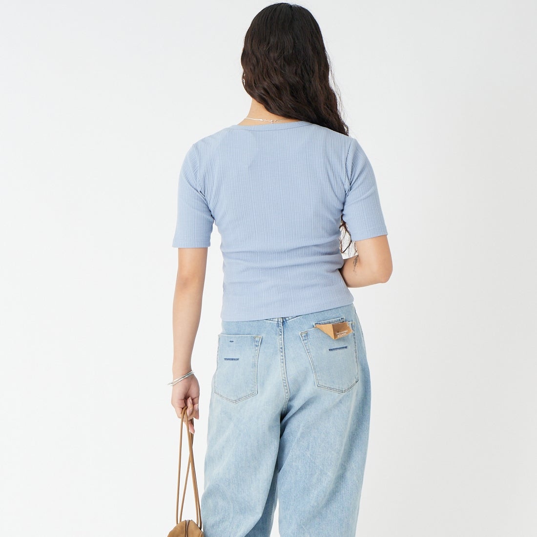 Jeans Factory Clothes [ジーンズファクトリークローズ] ヘンリーネックリブTシャツ [JFS-C091] SAX &&モデル身長：162cm 着用サイズ：36&&