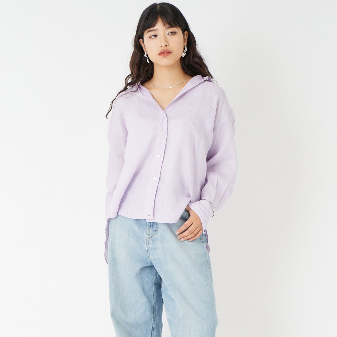 Jeans Factory Clothes [ジーンズファクトリークローズ] リネンロングスリーブシャツ [LFE102] 620 ﾗﾍﾞﾝﾀﾞ &&モデル身長：162cm 着用サイズ：F&&