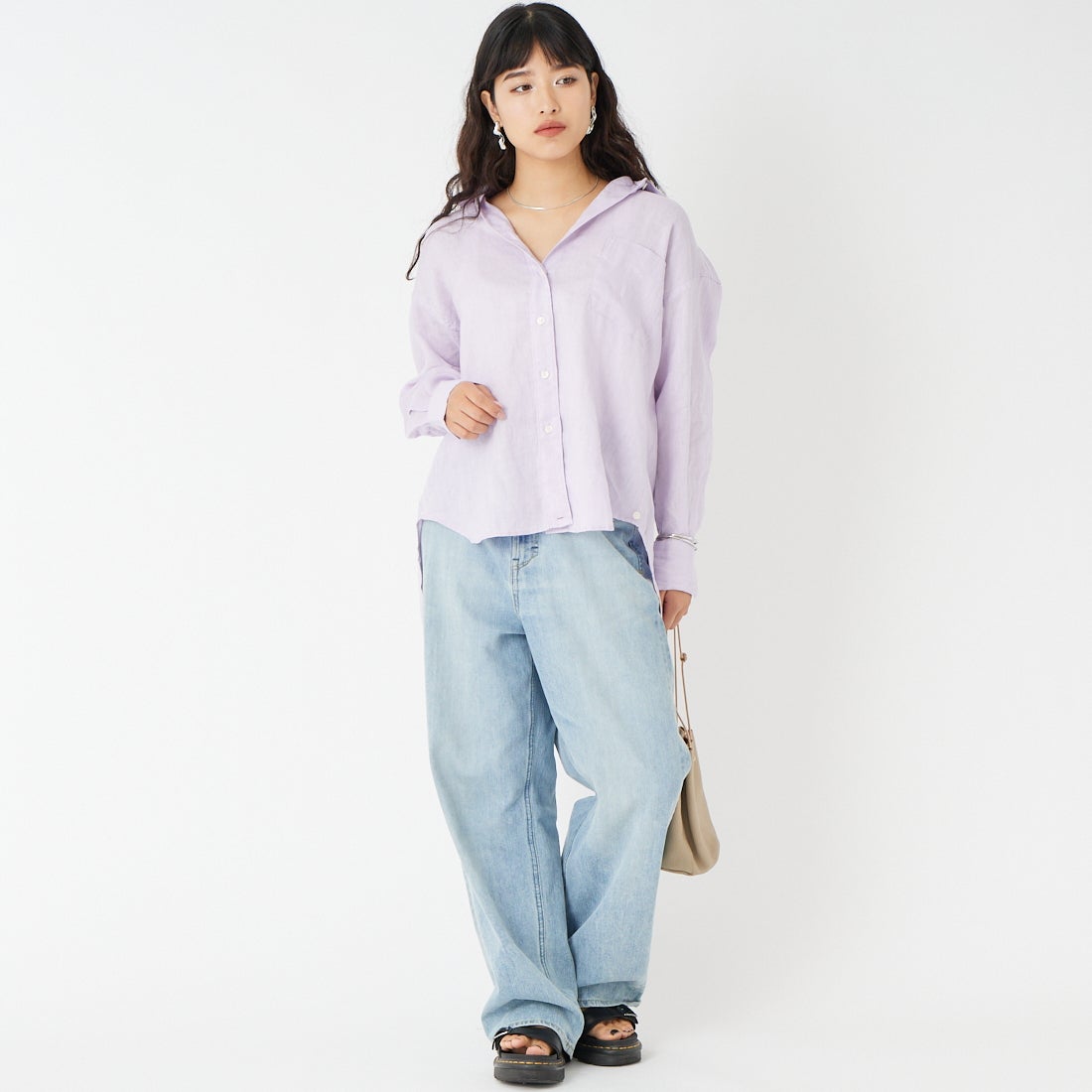 Jeans Factory Clothes [ジーンズファクトリークローズ] リネンロングスリーブシャツ [LFE102] 620 ﾗﾍﾞﾝﾀﾞ &&モデル身長：162cm 着用サイズ：F&&