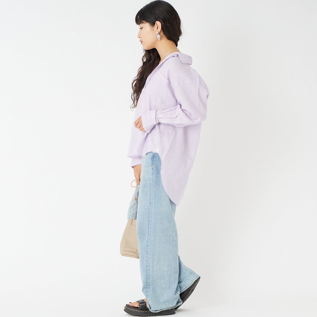 Jeans Factory Clothes [ジーンズファクトリークローズ] リネンロングスリーブシャツ [LFE102] 620 ﾗﾍﾞﾝﾀﾞ &&モデル身長：162cm 着用サイズ：F&&