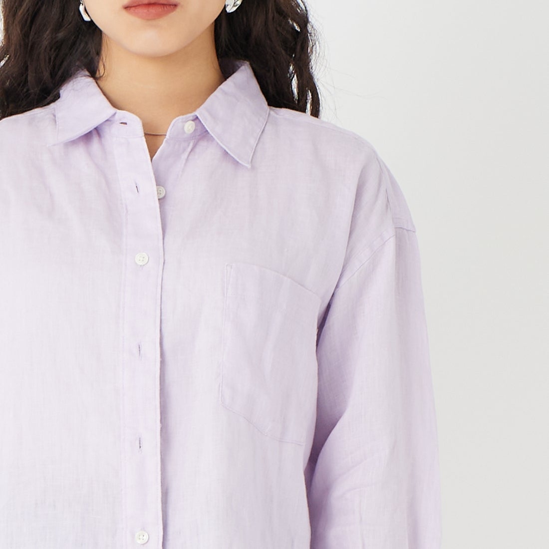 Jeans Factory Clothes [ジーンズファクトリークローズ] リネンロングスリーブシャツ [LFE102] 620 ﾗﾍﾞﾝﾀﾞ &&モデル身長：162cm 着用サイズ：F&&lothes [ジーンズファクトリークローズ] リネンロングスリーブシャツ [LFE102]