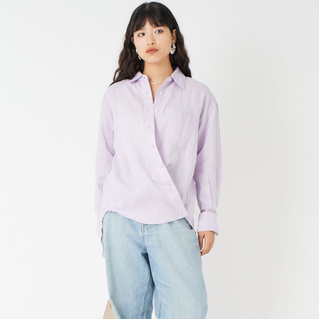 Jeans Factory Clothes [ジーンズファクトリークローズ] リネンロングスリーブシャツ [LFE102] 620 ﾗﾍﾞﾝﾀﾞ &&モデル身長：162cm 着用サイズ：F&&