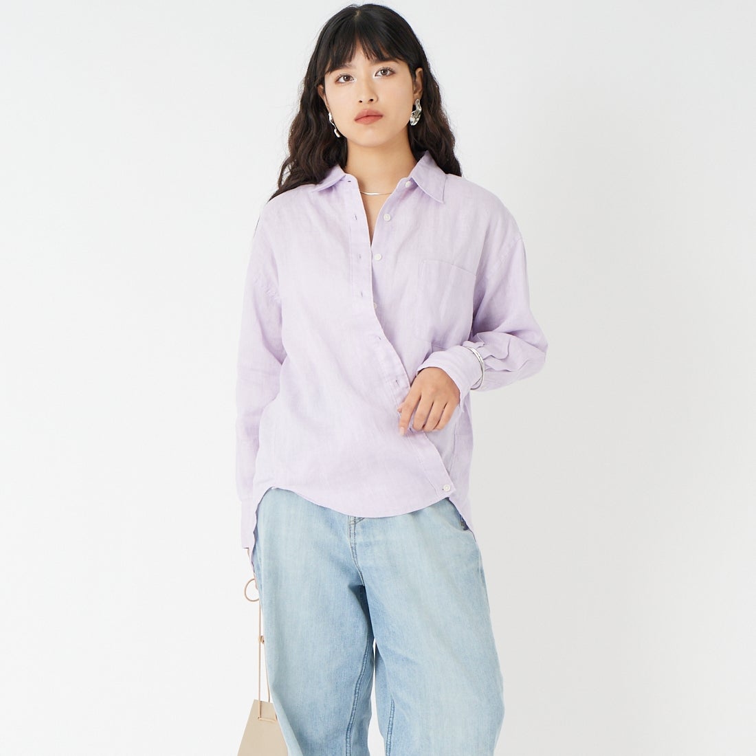 Jeans Factory Clothes [ジーンズファクトリークローズ] リネンロングスリーブシャツ [LFE102] 620 ﾗﾍﾞﾝﾀﾞ &&モデル身長：162cm 着用サイズ：F&&