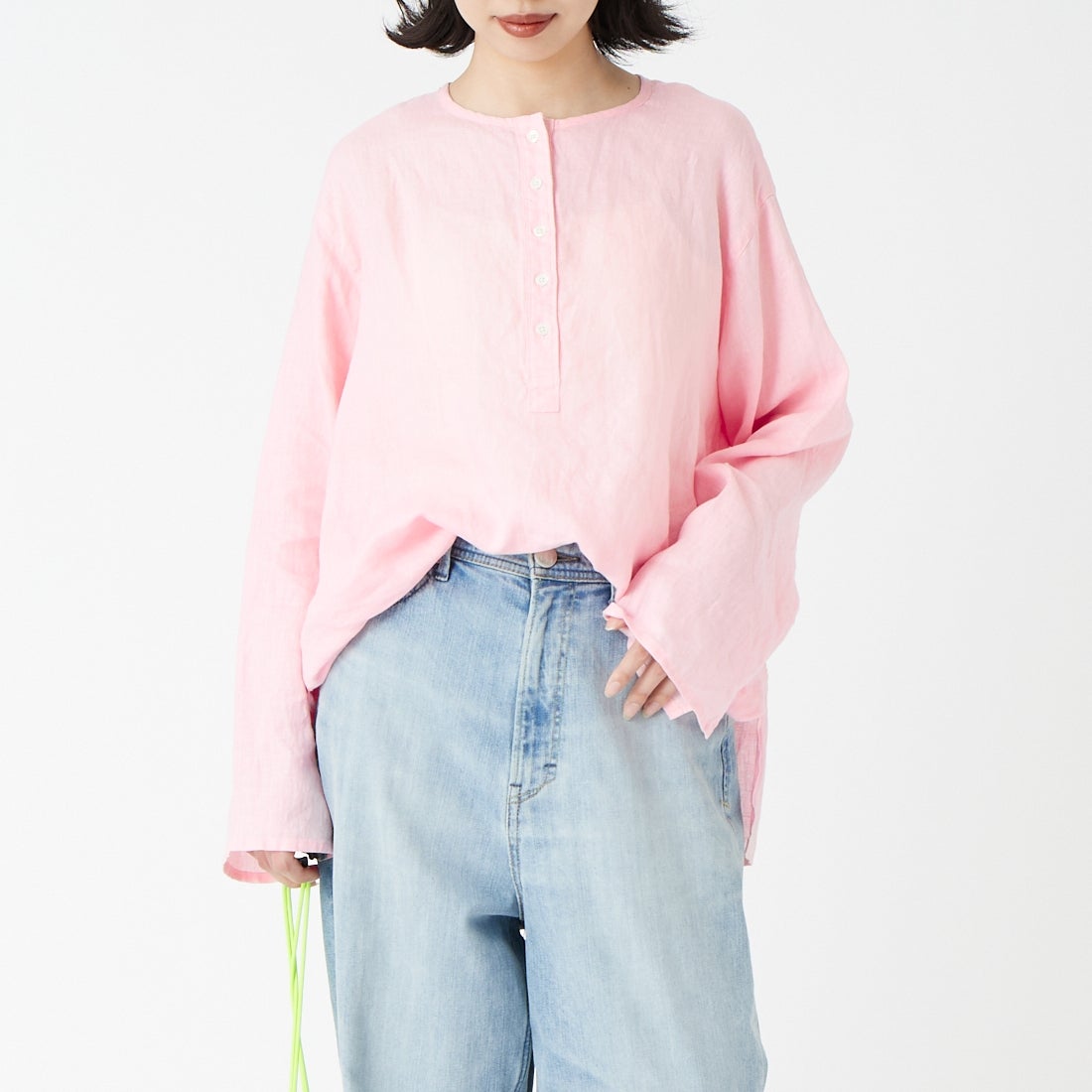 Jeans Factory Clothes [ジーンズファクトリークローズ] リネンヘンリーネックシャツ [LFE103] 110 ﾋﾟﾝｸ &&モデル身長：162cm 着用サイズ：F&&