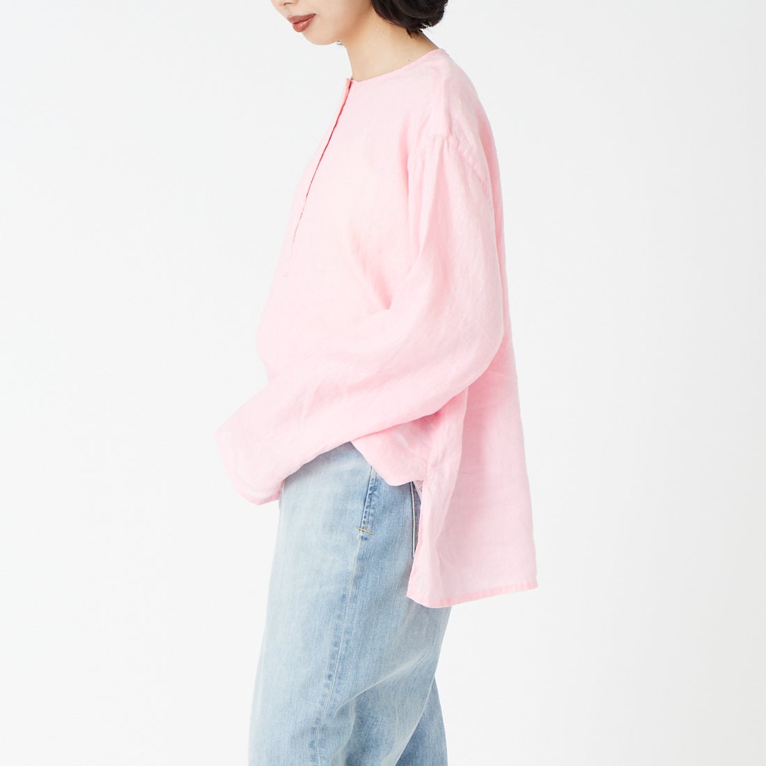 Jeans Factory Clothes [ジーンズファクトリークローズ] リネンヘンリーネックシャツ [LFE103] 110 ﾋﾟﾝｸ &&モデル身長：162cm 着用サイズ：F&&