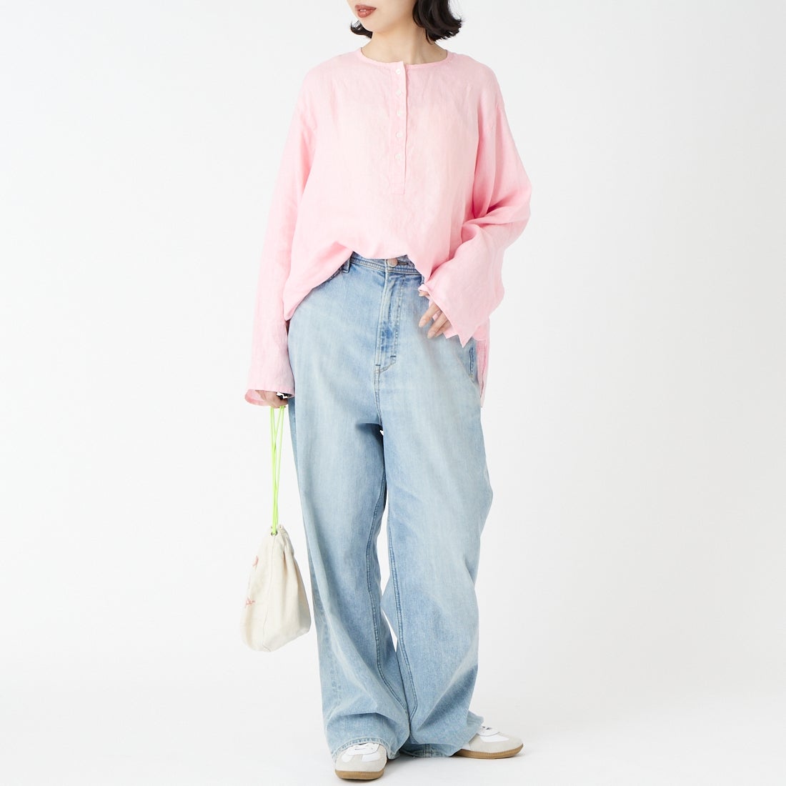 Jeans Factory Clothes [ジーンズファクトリークローズ] リネンヘンリーネックシャツ [LFE103] 110 ﾋﾟﾝｸ &&モデル身長：162cm 着用サイズ：F&&