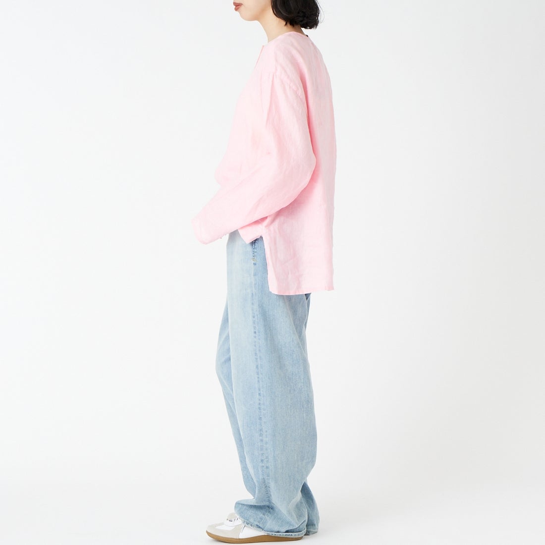 Jeans Factory Clothes [ジーンズファクトリークローズ] リネンヘンリーネックシャツ [LFE103] 110 ﾋﾟﾝｸ &&モデル身長：162cm 着用サイズ：F&&