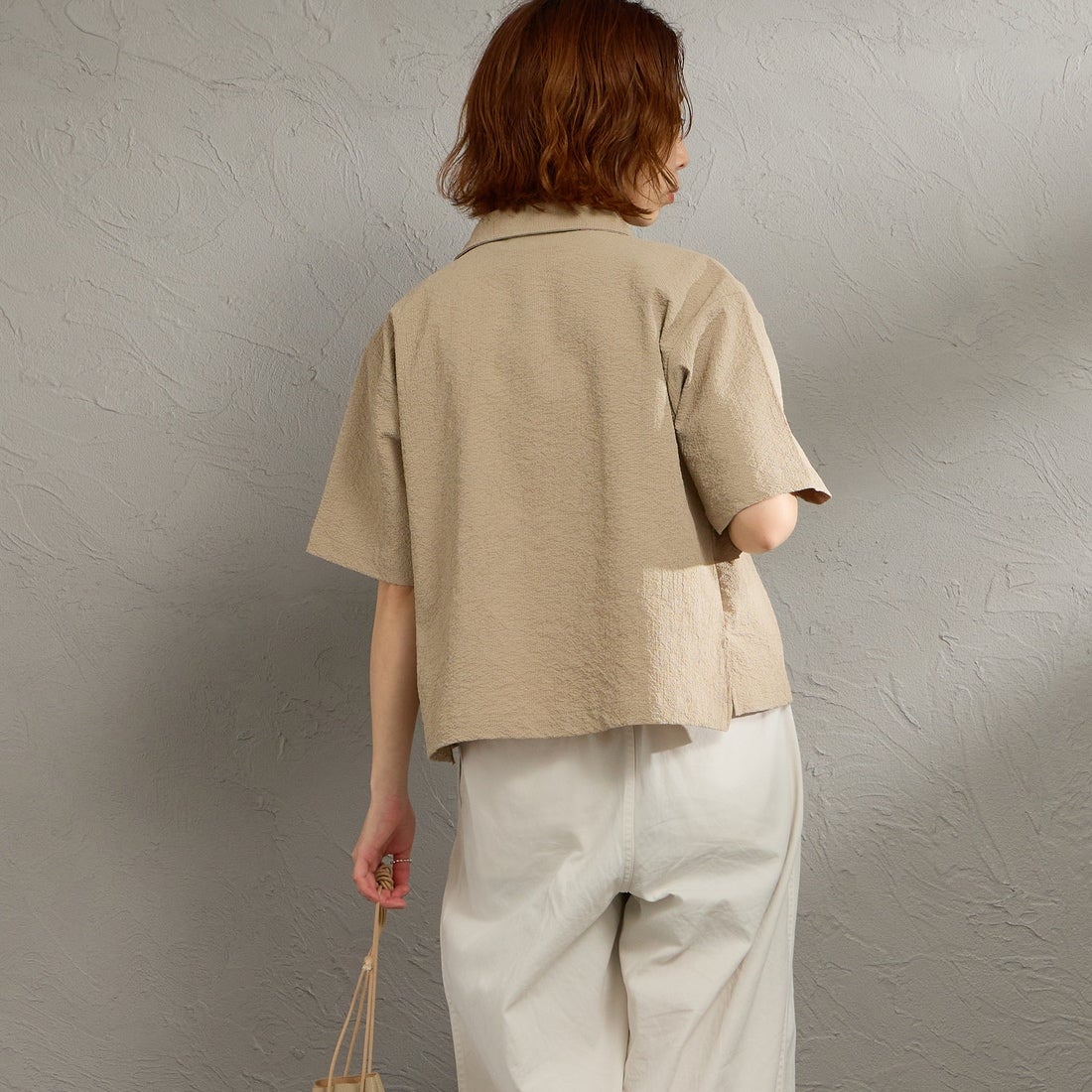 THOUSAND MILE [サウザンド マイル] 別注 シアサッカー サマーバケーション ワイドパンツセットアップ [TM261SS50812-JF] 23 BEIGE &&モデル身長：158cm 着用サイズ：F&&