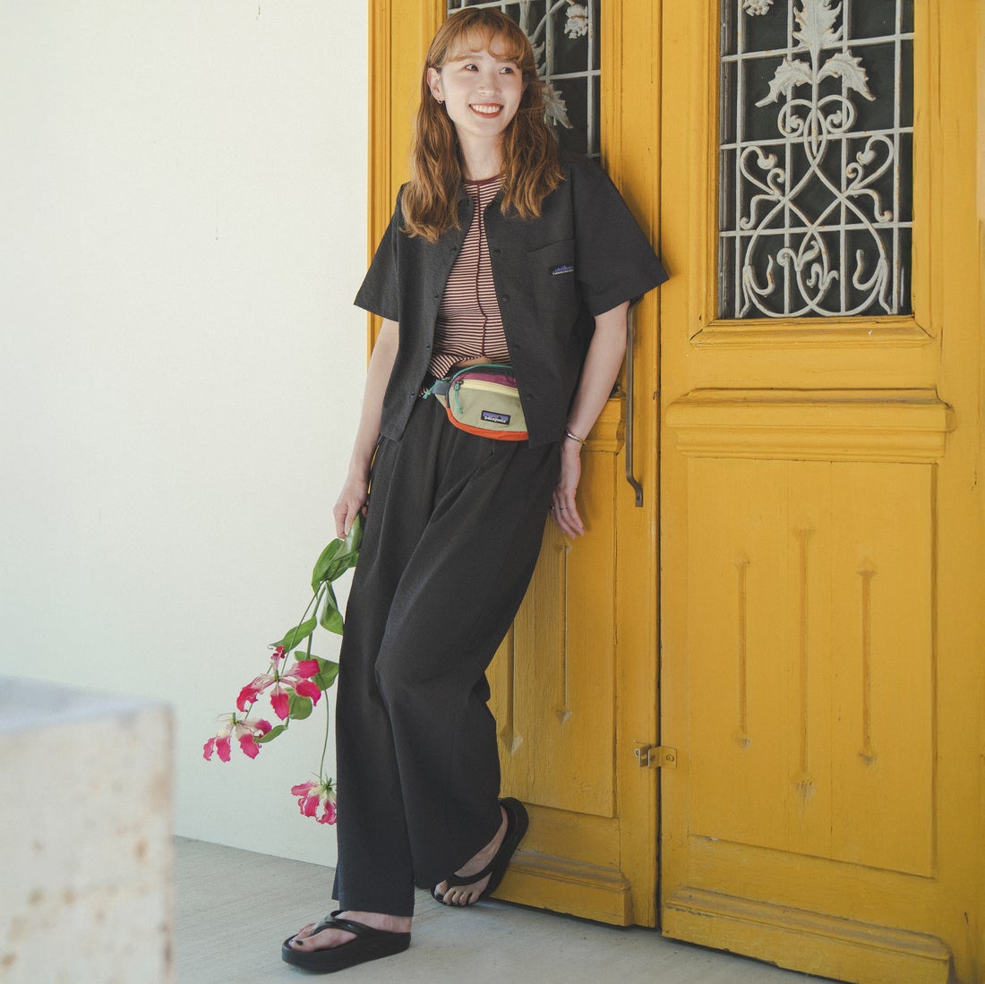 THOUSAND MILE [サウザンド マイル] 別注 シアサッカー サマーバケーション ワイドパンツセットアップ [TM261SS50812-JF] 09 BLACK &&モデル身長：167cm 着用サイズ：F&&
