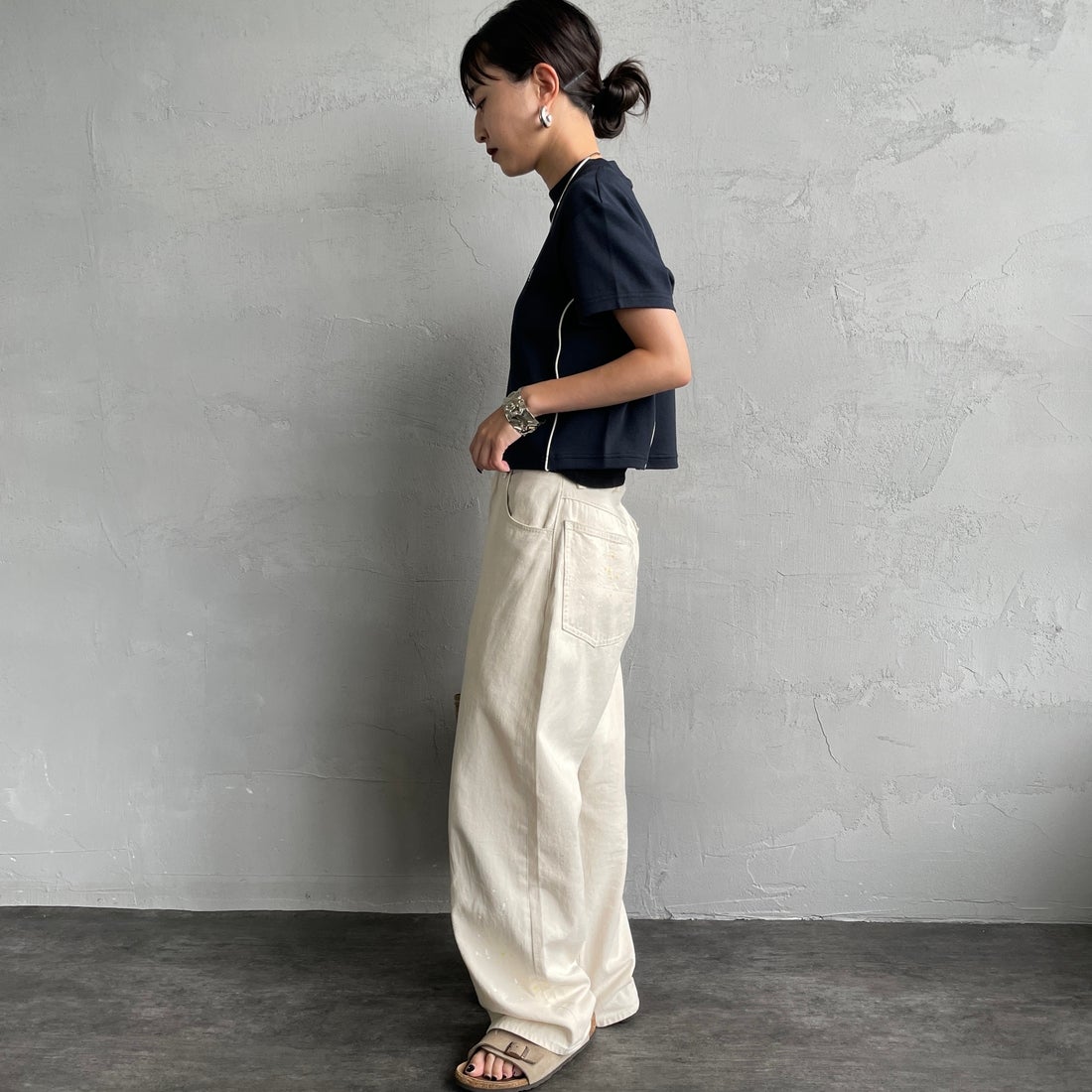 FRED PERRY [フレッドペリー] パイピングシームモックネックTシャツ [G2165] 608 NAVY &&モデル身長：150cm 着用サイズ：10&&