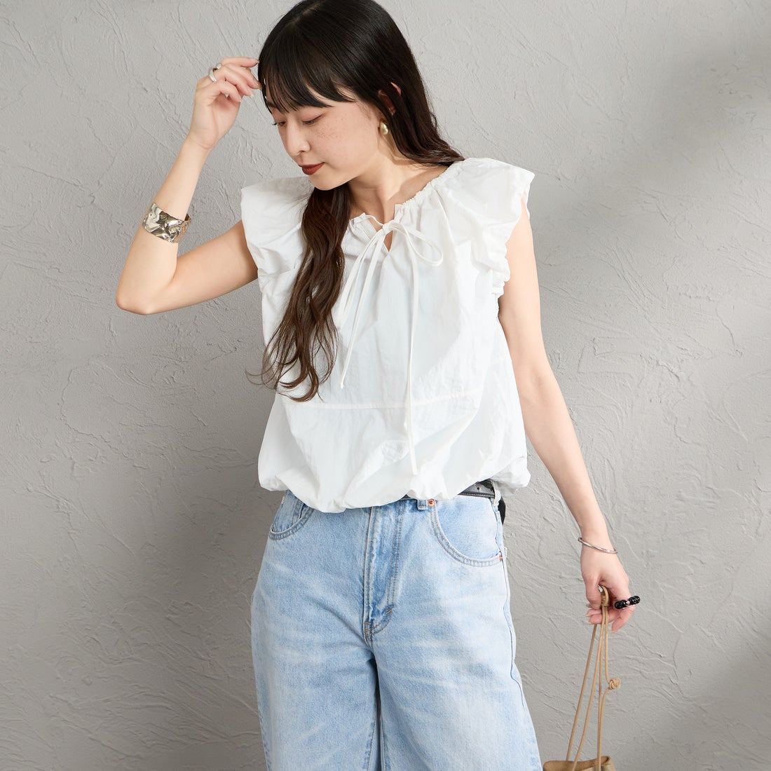 nenom [ネノム] 2WAY キャップスリーブ バルーンシャツブラウス [NE26312022] 02 OFF &&モデル身長：160cm 着用サイズ：F&&