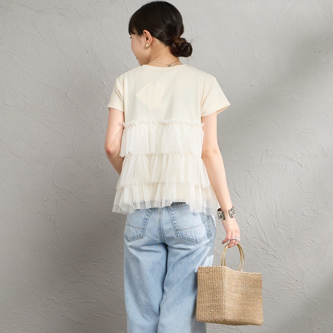 nenom [ネノム] チュールドッキング ショートスリーブカーディガン [NE26322005] 21 IVORY &&モデル身長：150cm 着用サイズ：F&&