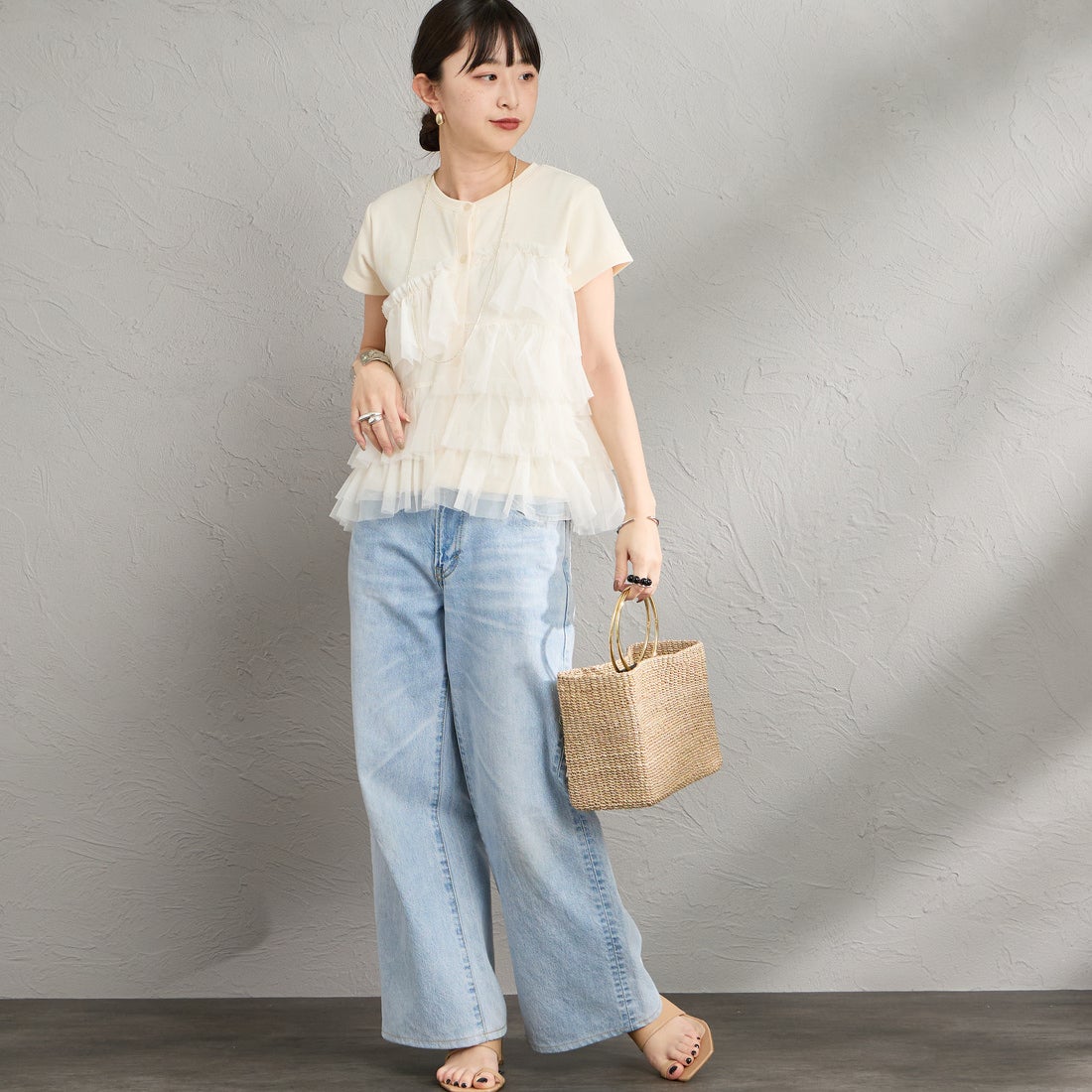 nenom [ネノム] チュールドッキング ショートスリーブカーディガン [NE26322005] 21 IVORY &&モデル身長：150cm 着用サイズ：F&&