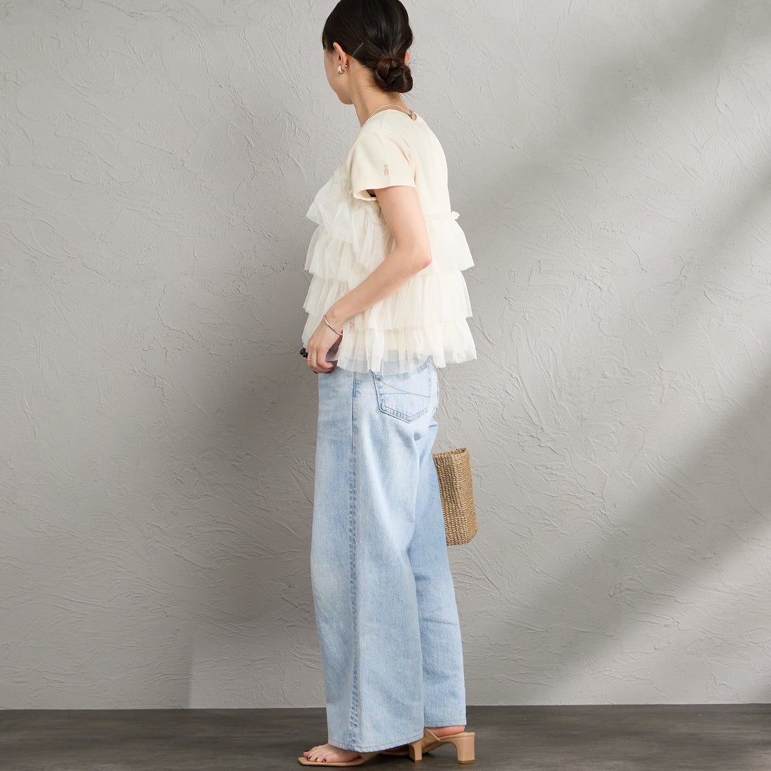 nenom [ネノム] チュールドッキング ショートスリーブカーディガン [NE26322005] 21 IVORY &&モデル身長：150cm 着用サイズ：F&&