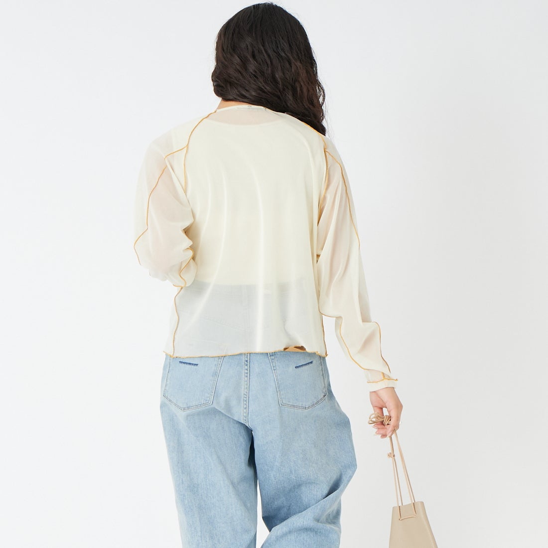 KHA:KI [カーキ] カラーステッチ シアートップ [MIL26HCS3484] LTYELLOW &&モデル身長：162cm 着用サイズ：1&&