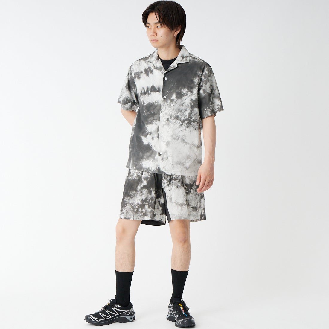 +phenix [プラスフェニックス] 別注 パターンショーツ [POB-26023IN-JF] BLACK &&モデル身長：177cm 着用サイズ：M&&