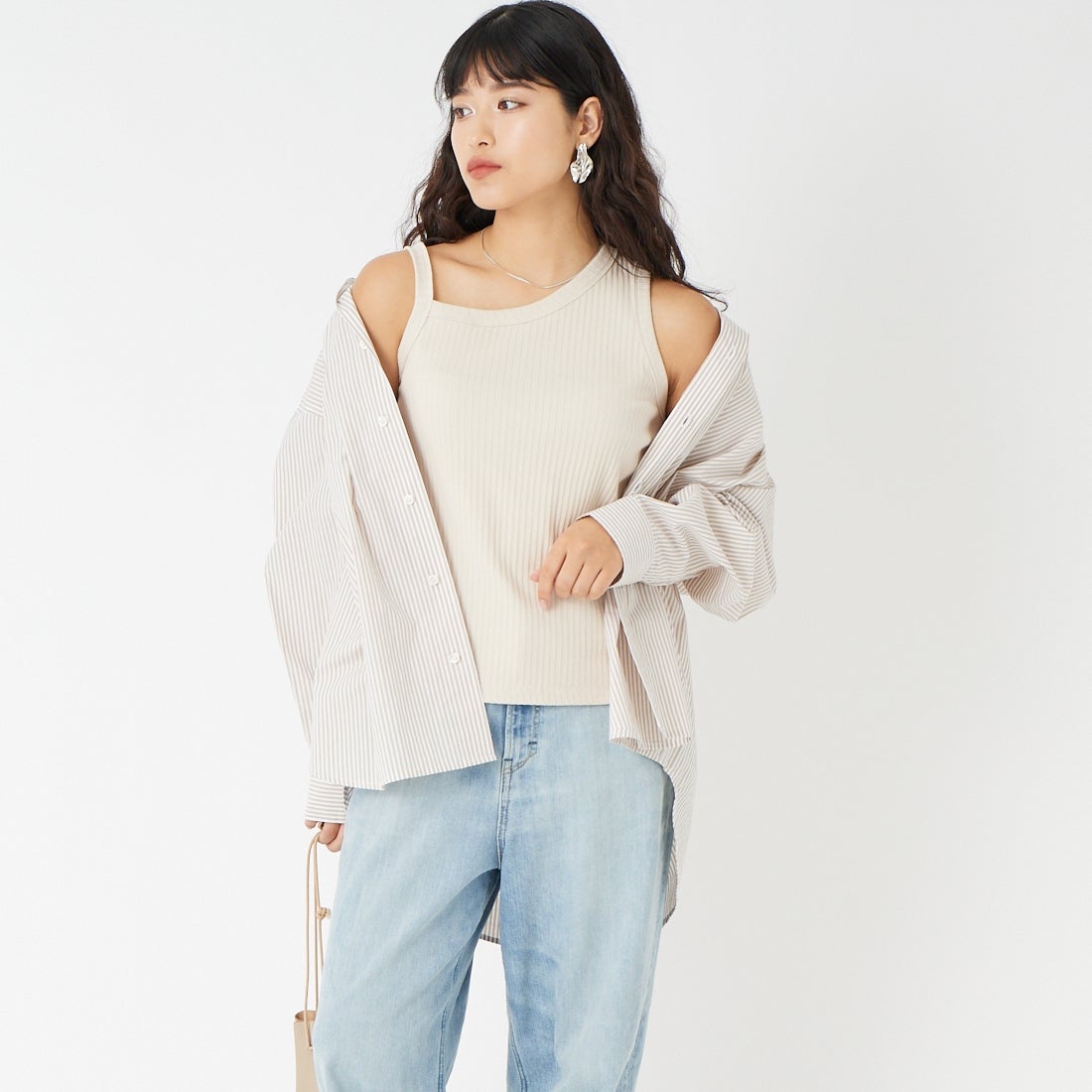 Jf Ready Made [ジェイエフレディメイド] ワイドリブワンショル風タンクトップ [763813] 10 Lﾍﾞｰｼﾞｭ &&モデル身長：162cm 着用サイズ：F&&
