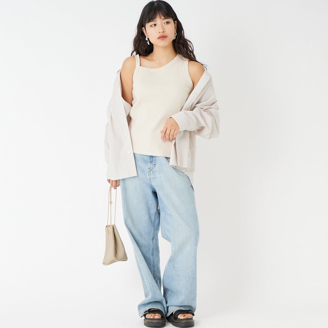Jf Ready Made [ジェイエフレディメイド] ワイドリブワンショル風タンクトップ [763813] 10 Lﾍﾞｰｼﾞｭ &&モデル身長：162cm 着用サイズ：F&&