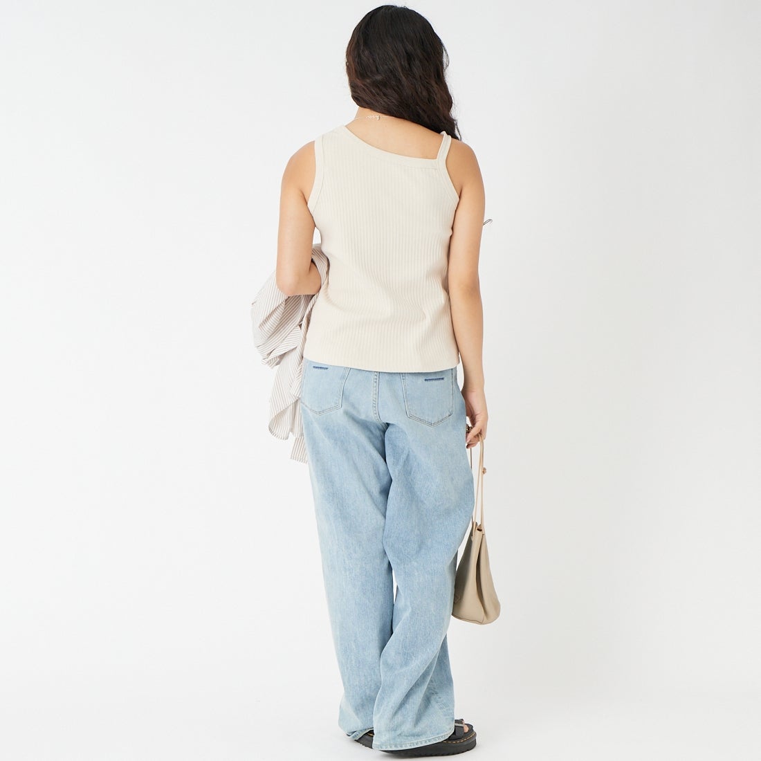 Jf Ready Made [ジェイエフレディメイド] ワイドリブワンショル風タンクトップ [763813] 10 Lﾍﾞｰｼﾞｭ &&モデル身長：162cm 着用サイズ：F&&