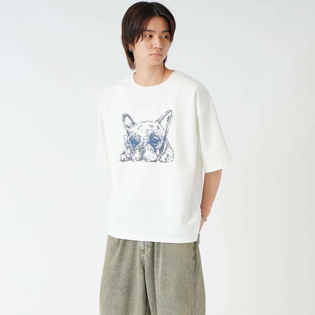 33Degrees [サーティースリーディグリーズ] ショートスリーブポンチ刺繍Tシャツ [26152JF] OFF ﾌﾚﾌﾞﾙ &&モデル身長：177cm 着用サイズ：L&&