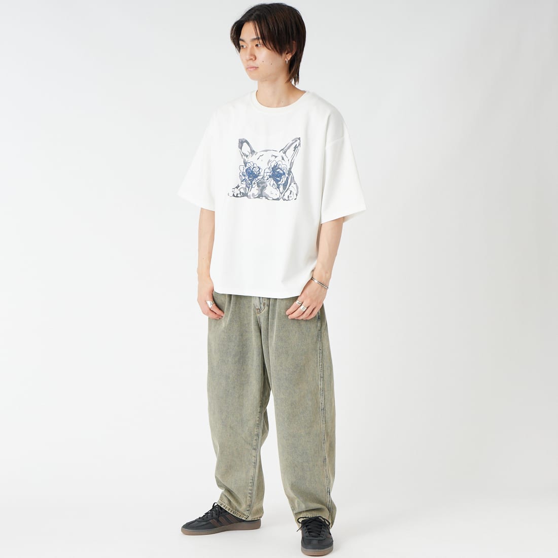 33Degrees [サーティースリーディグリーズ] ショートスリーブポンチ刺繍Tシャツ [26152JF] OFF ﾌﾚﾌﾞﾙ &&モデル身長：177cm 着用サイズ：L&&