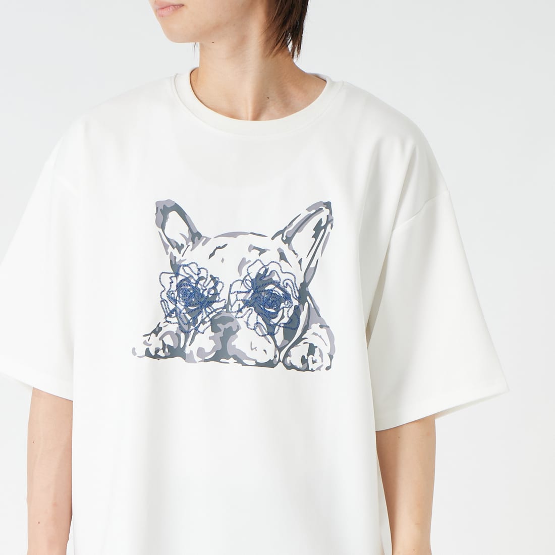 33Degrees [サーティースリーディグリーズ] ショートスリーブポンチ刺繍Tシャツ [26152JF] OFF ﾌﾚﾌﾞﾙ &&モデル身長：177cm 着用サイズ：L&&