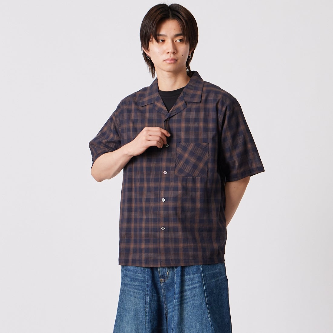 Noir Fabrik [ヌワールファブリック] シアーチェックオープンカラーシャツ [NF-262-020] NAVY &&モデル身長：177cm 着用サイズ：M&&