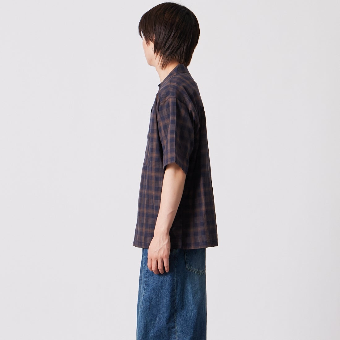 Noir Fabrik [ヌワールファブリック] シアーチェックオープンカラーシャツ [NF-262-020] NAVY &&モデル身長：177cm 着用サイズ：M&&