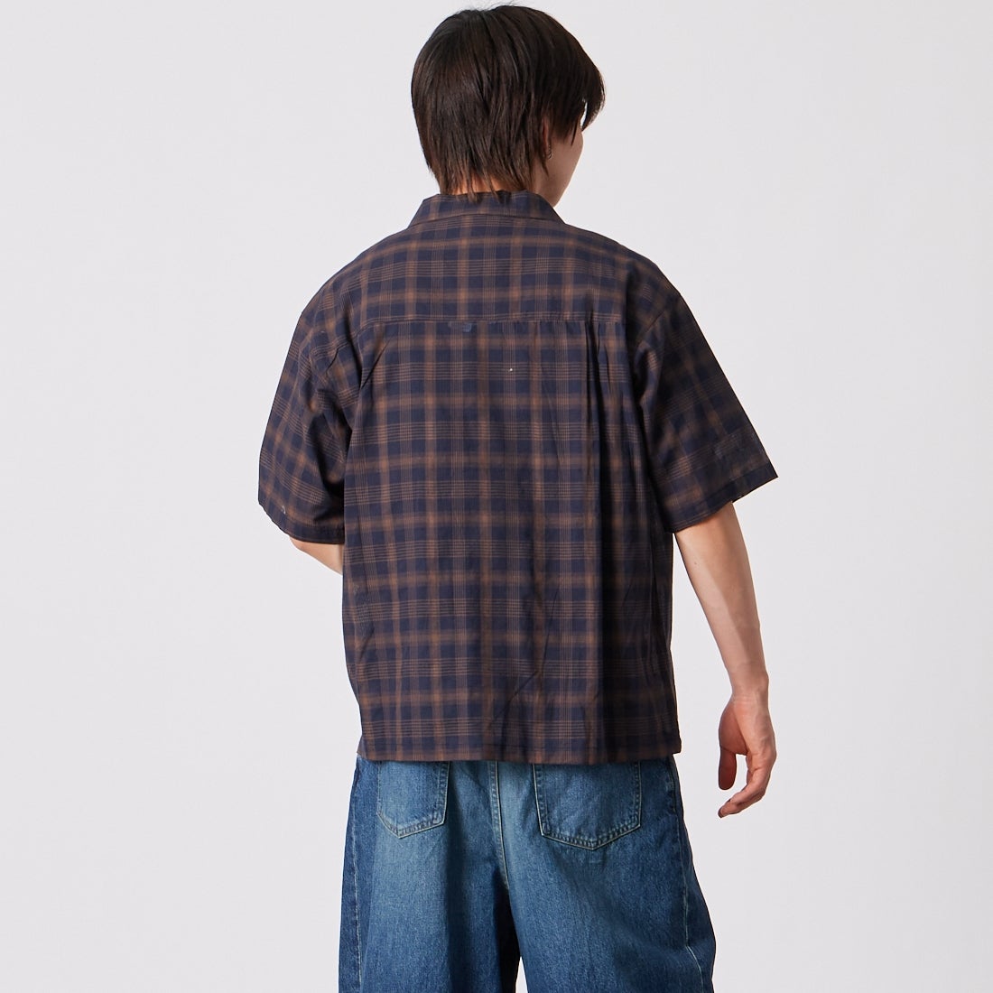 Noir Fabrik [ヌワールファブリック] シアーチェックオープンカラーシャツ [NF-262-020] NAVY &&モデル身長：177cm 着用サイズ：M&&