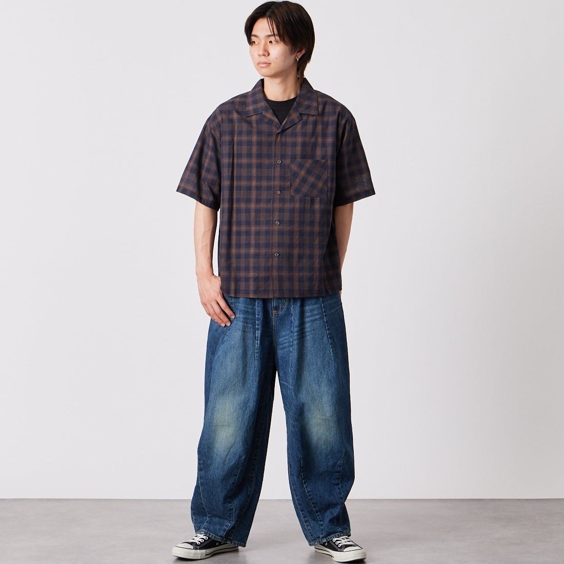 Noir Fabrik [ヌワールファブリック] シアーチェックオープンカラーシャツ [NF-262-020] NAVY &&モデル身長：177cm 着用サイズ：M&&