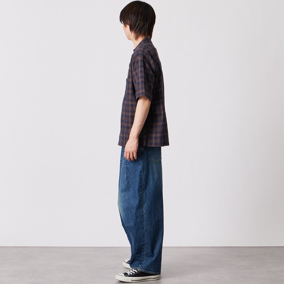 Noir Fabrik [ヌワールファブリック] シアーチェックオープンカラーシャツ [NF-262-020] NAVY &&モデル身長：177cm 着用サイズ：M&&