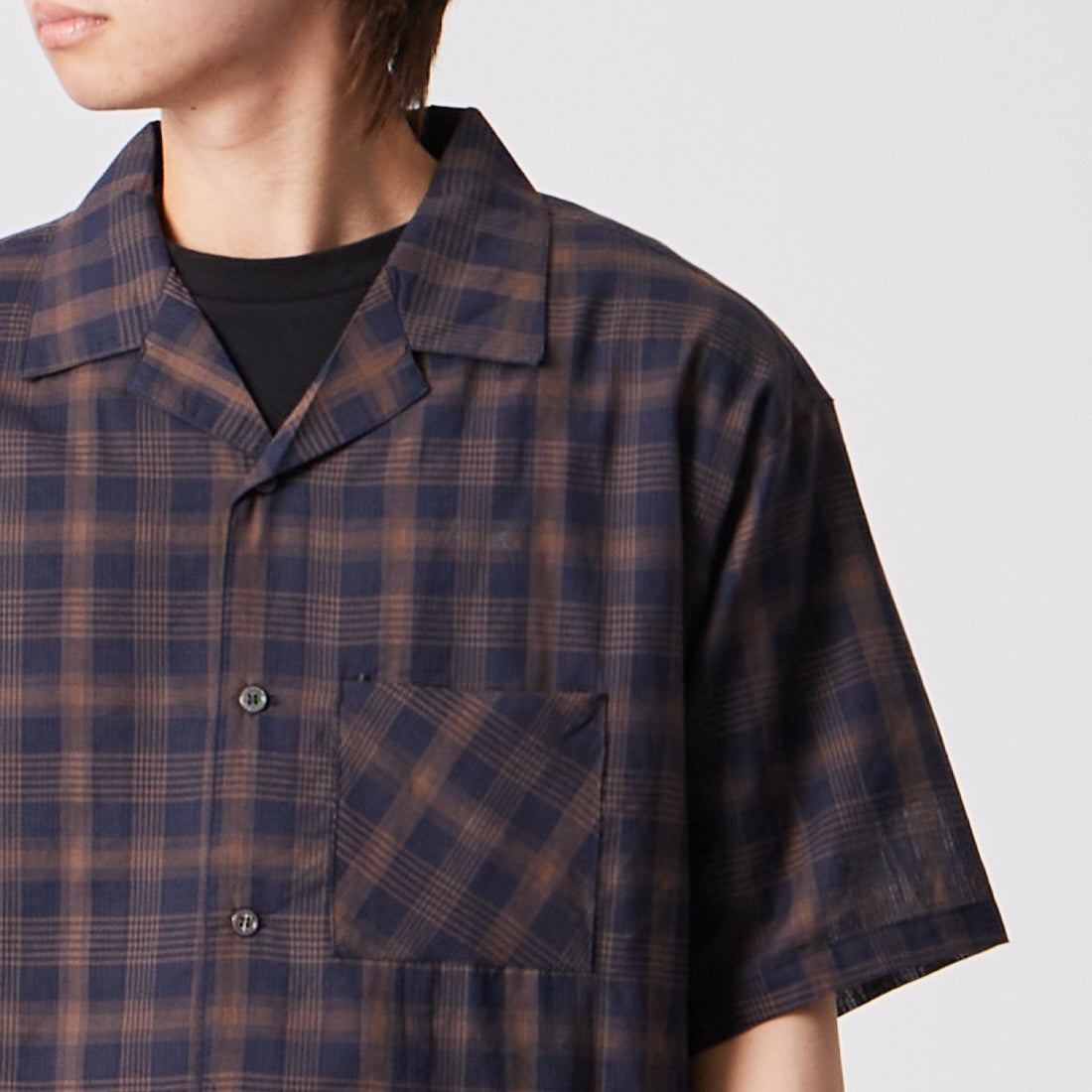 Noir Fabrik [ヌワールファブリック] シアーチェックオープンカラーシャツ [NF-262-020] NAVY &&モデル身長：177cm 着用サイズ：M&&