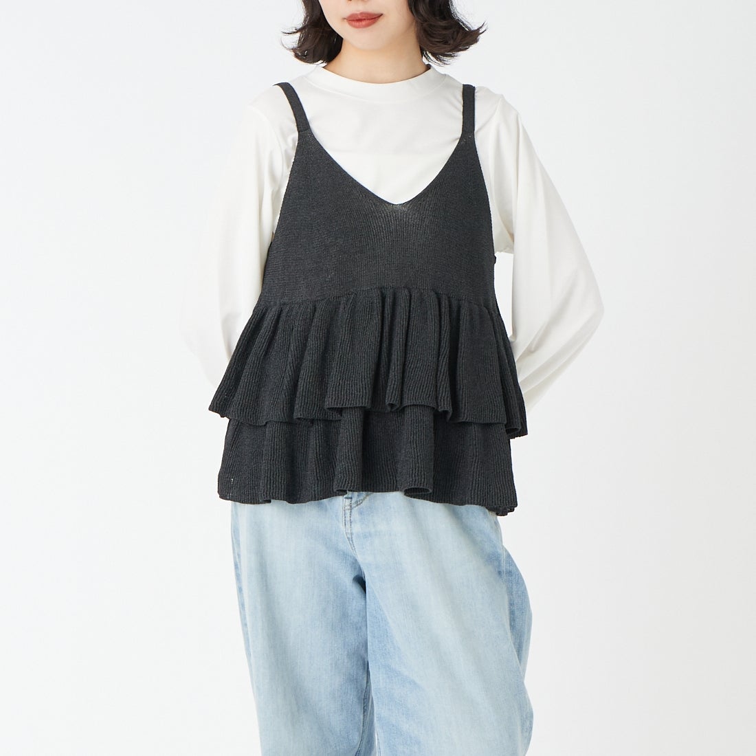Jeans Factory Clothes [ジーンズファクトリークローズ] ペプラムニットキャミビスチェ [11268819] 004 ﾌﾞﾗｯｸ &&モデル身長：162cm 着用サイズ：F&&