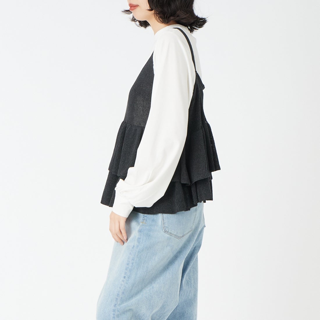 Jeans Factory Clothes [ジーンズファクトリークローズ] ペプラムニットキャミビスチェ [11268819] 004 ﾌﾞﾗｯｸ &&モデル身長：162cm 着用サイズ：F&&